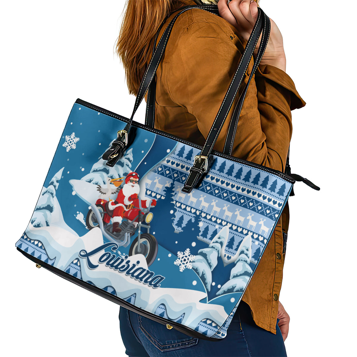 Custom Louisiana Christmas Leather Tote Bag Santa Claus Riding Motorcycle With Pelican - Wonder Print Shop