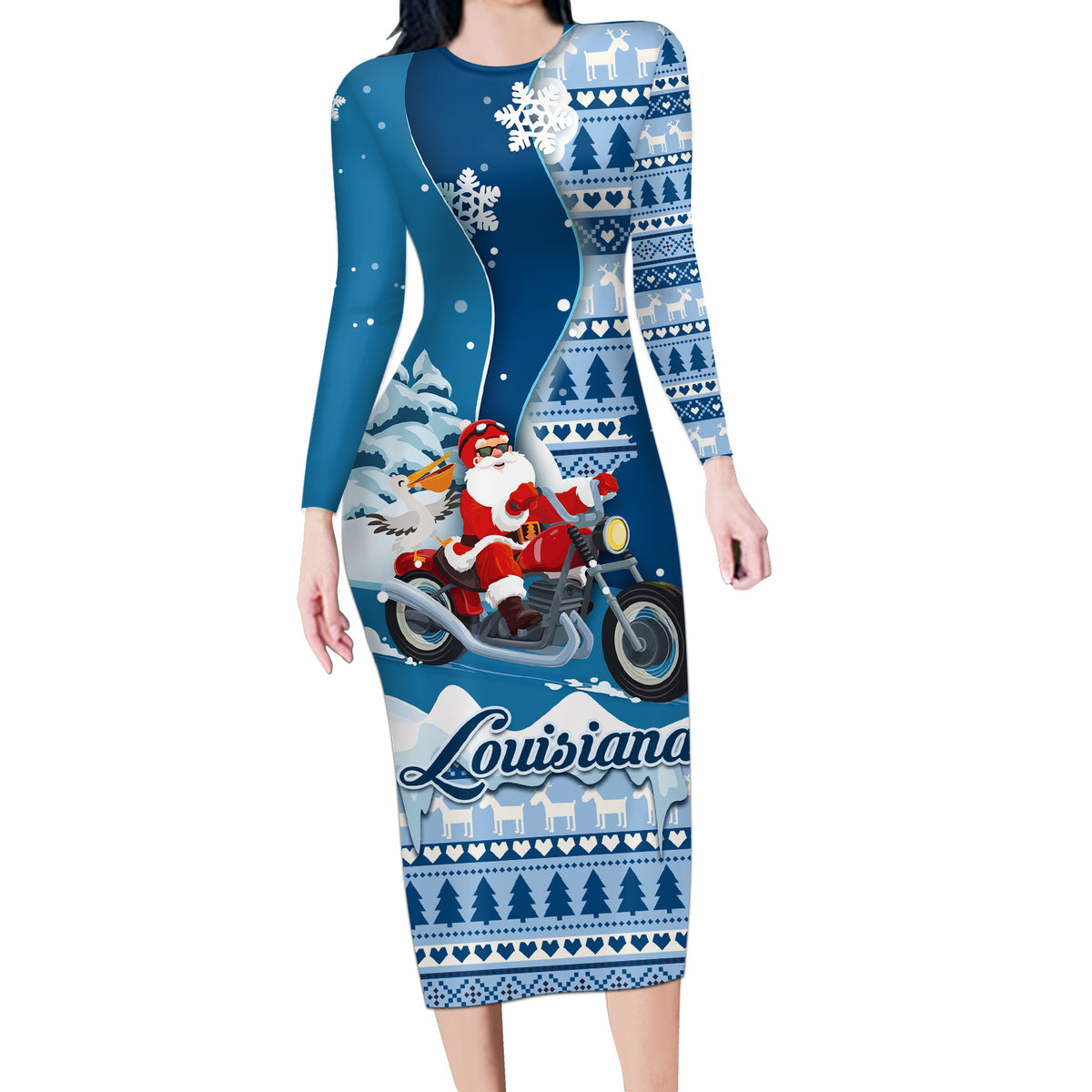 Custom Louisiana Christmas Long Sleeve Bodycon Dress Santa Claus Riding Motorcycle With Pelican - Wonder Print Shop