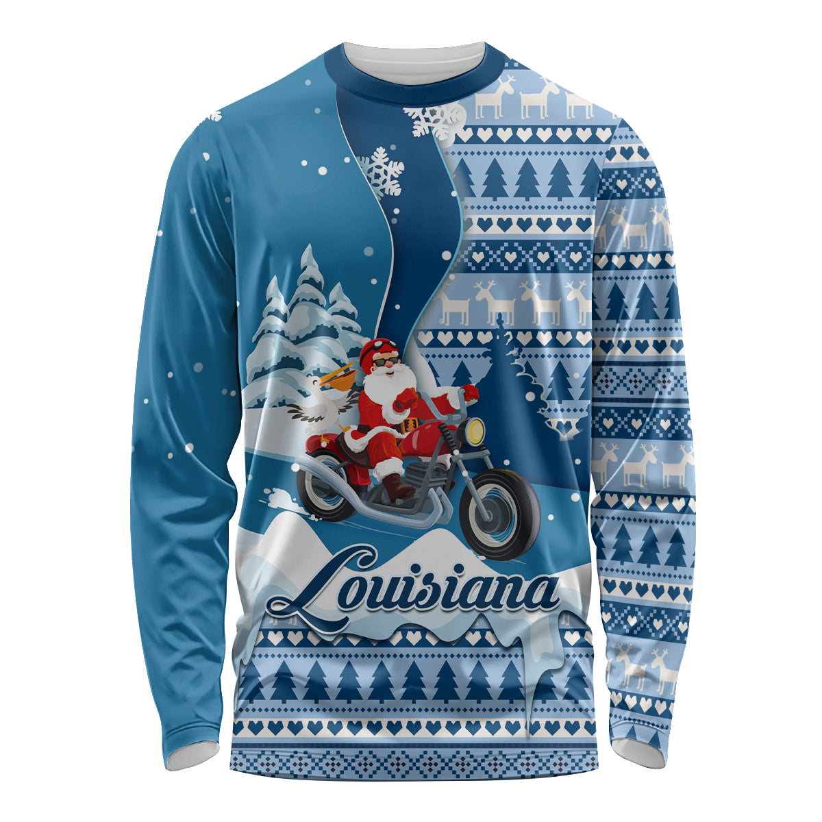 Custom Louisiana Christmas Long Sleeve Shirt Santa Claus Riding Motorcycle With Pelican - Wonder Print Shop
