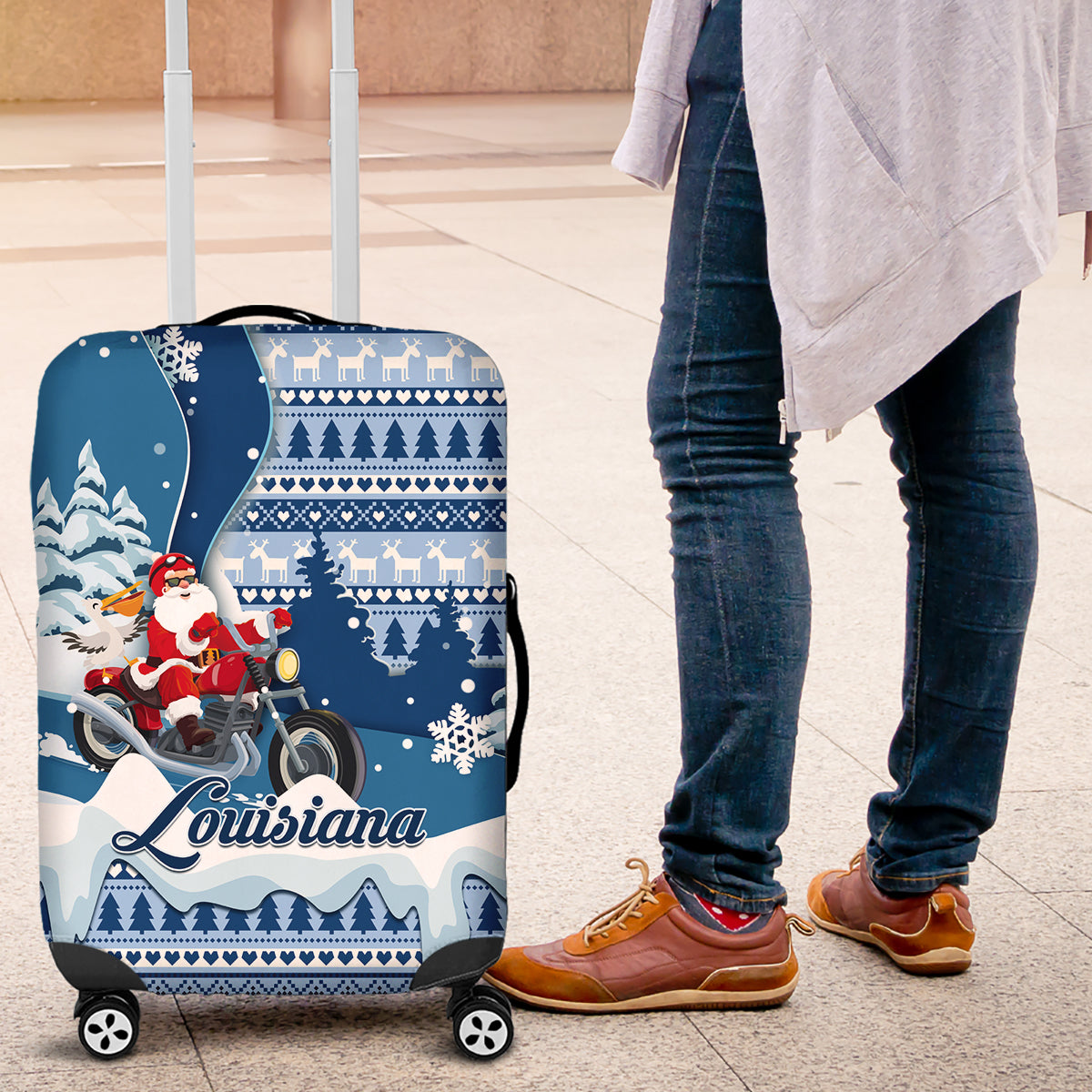 Custom Louisiana Christmas Luggage Cover Santa Claus Riding Motorcycle With Pelican - Wonder Print Shop