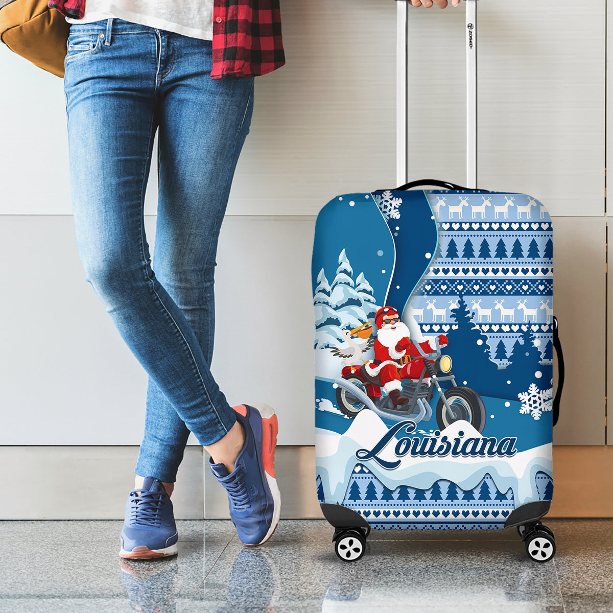 Custom Louisiana Christmas Luggage Cover Santa Claus Riding Motorcycle With Pelican - Wonder Print Shop