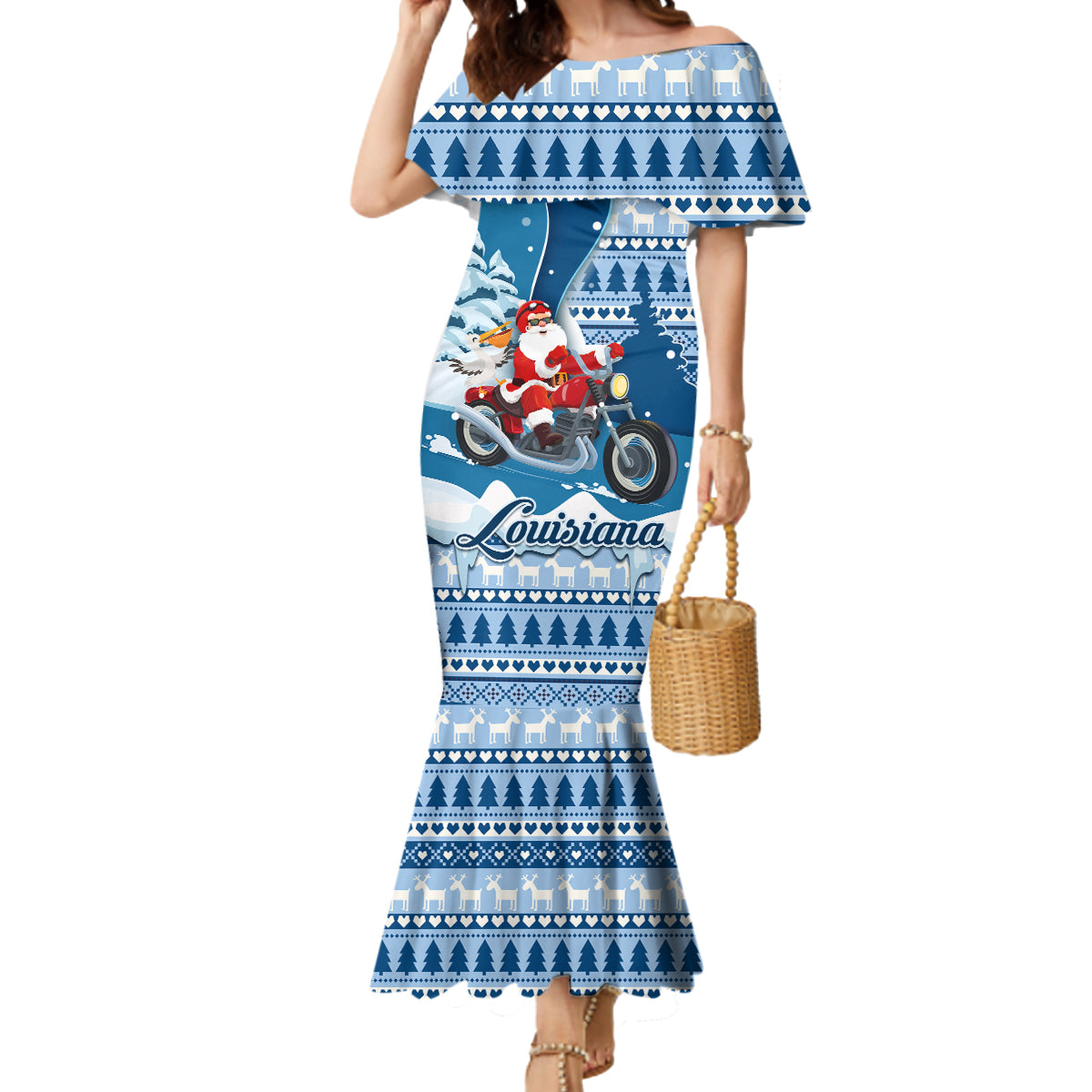 Custom Louisiana Christmas Mermaid Dress Santa Claus Riding Motorcycle With Pelican - Wonder Print Shop