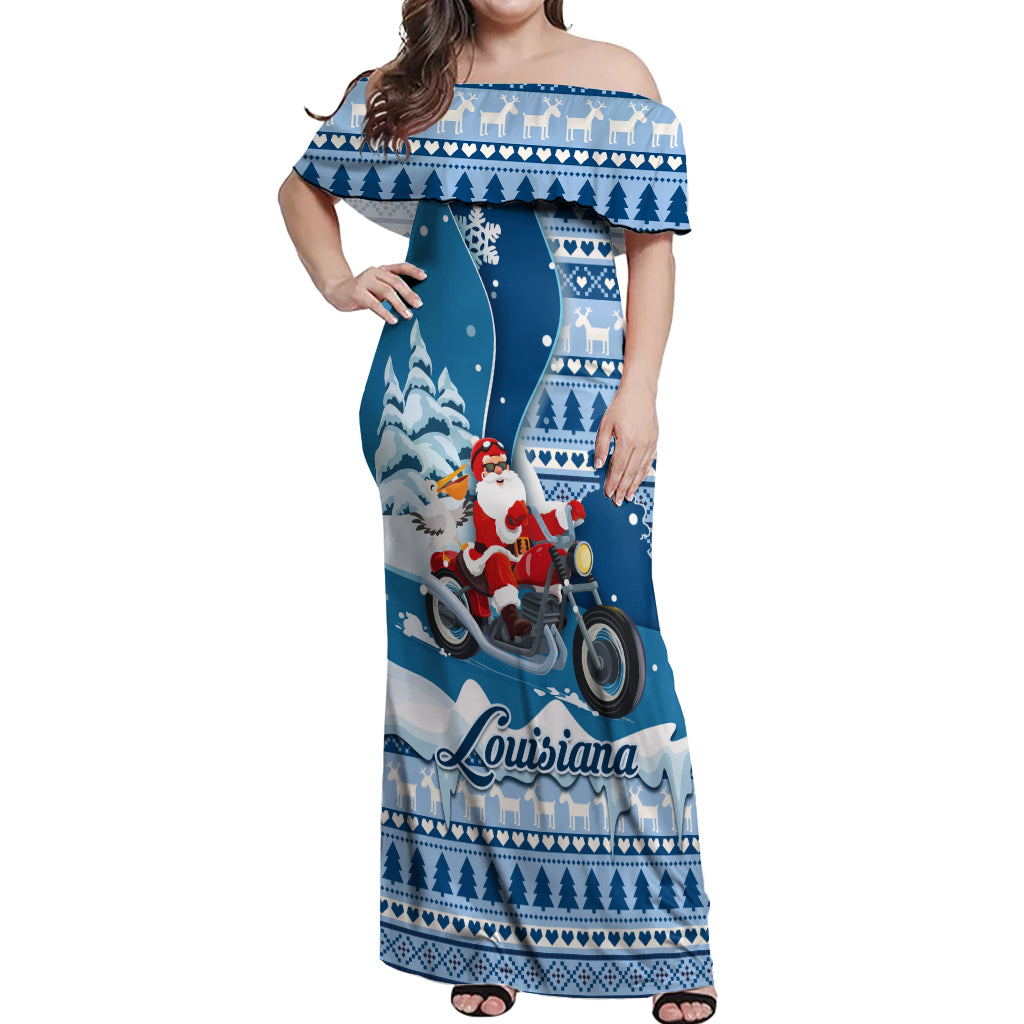 Custom Louisiana Christmas Off Shoulder Maxi Dress Santa Claus Riding Motorcycle With Pelican - Wonder Print Shop