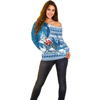 Custom Louisiana Christmas Off Shoulder Sweater Santa Claus Riding Motorcycle With Pelican - Wonder Print Shop