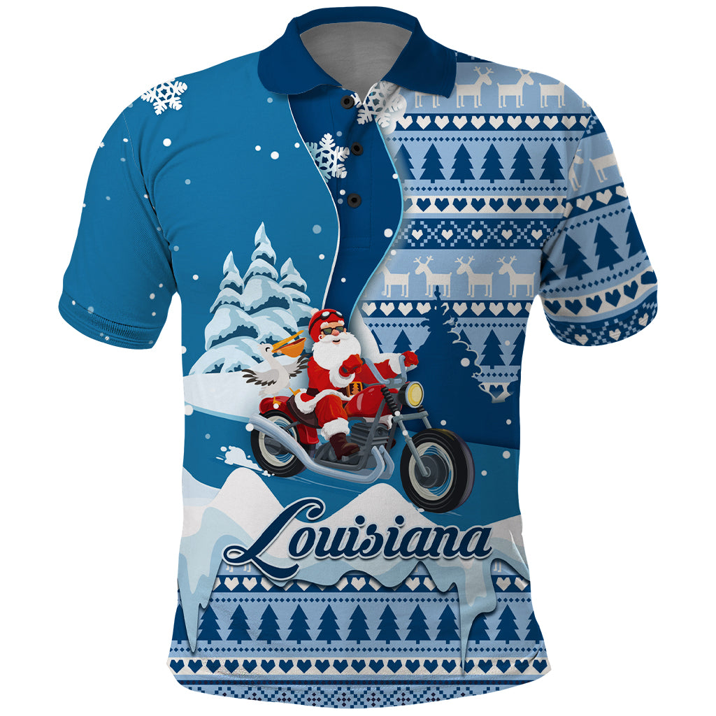 Custom Louisiana Christmas Polo Shirt Santa Claus Riding Motorcycle With Pelican - Wonder Print Shop