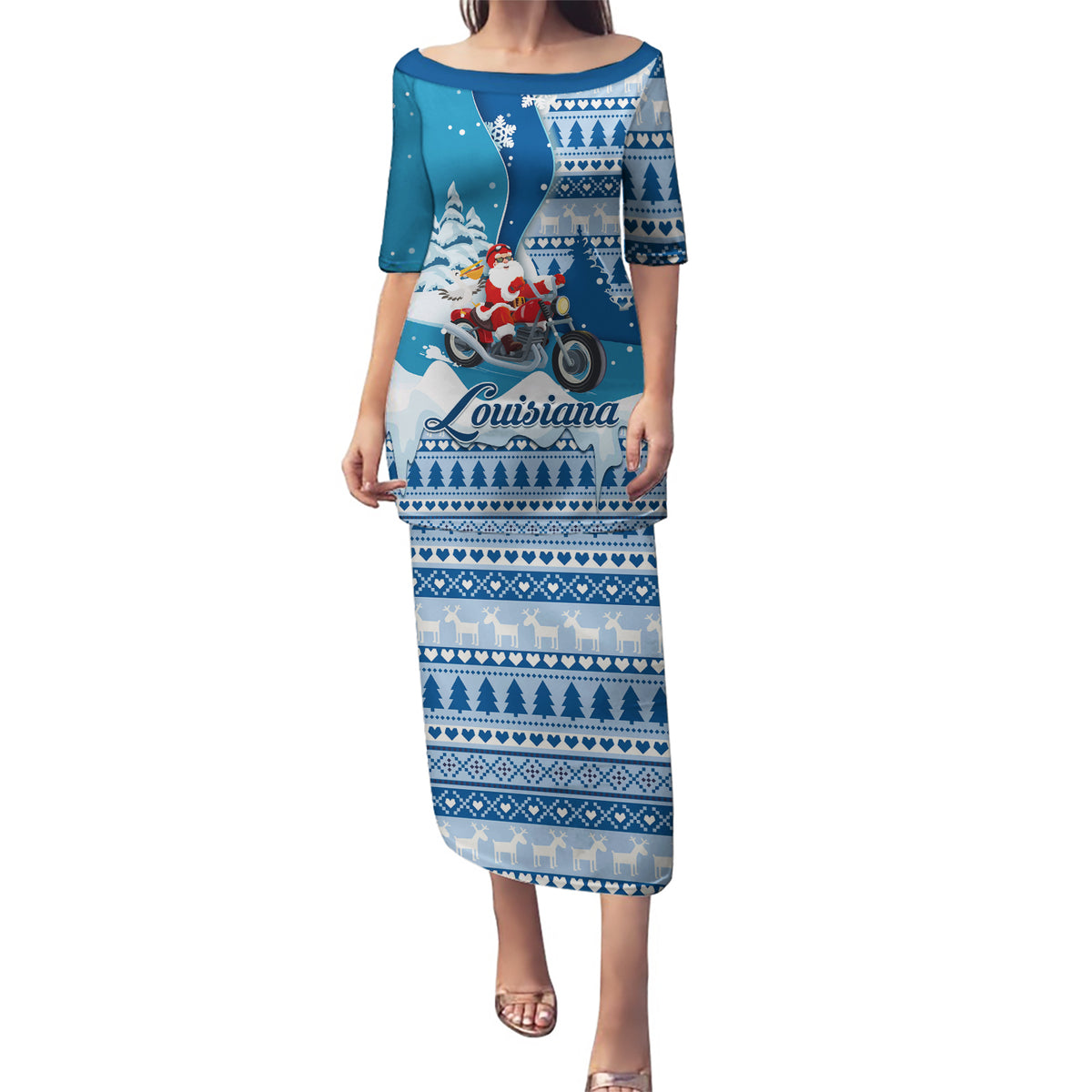 Custom Louisiana Christmas Puletasi Santa Claus Riding Motorcycle With Pelican - Wonder Print Shop