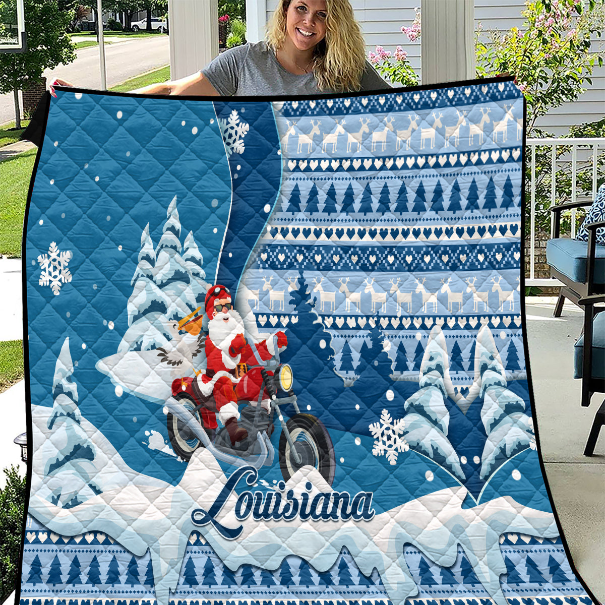 Custom Louisiana Christmas Quilt Santa Claus Riding Motorcycle With Pelican - Wonder Print Shop