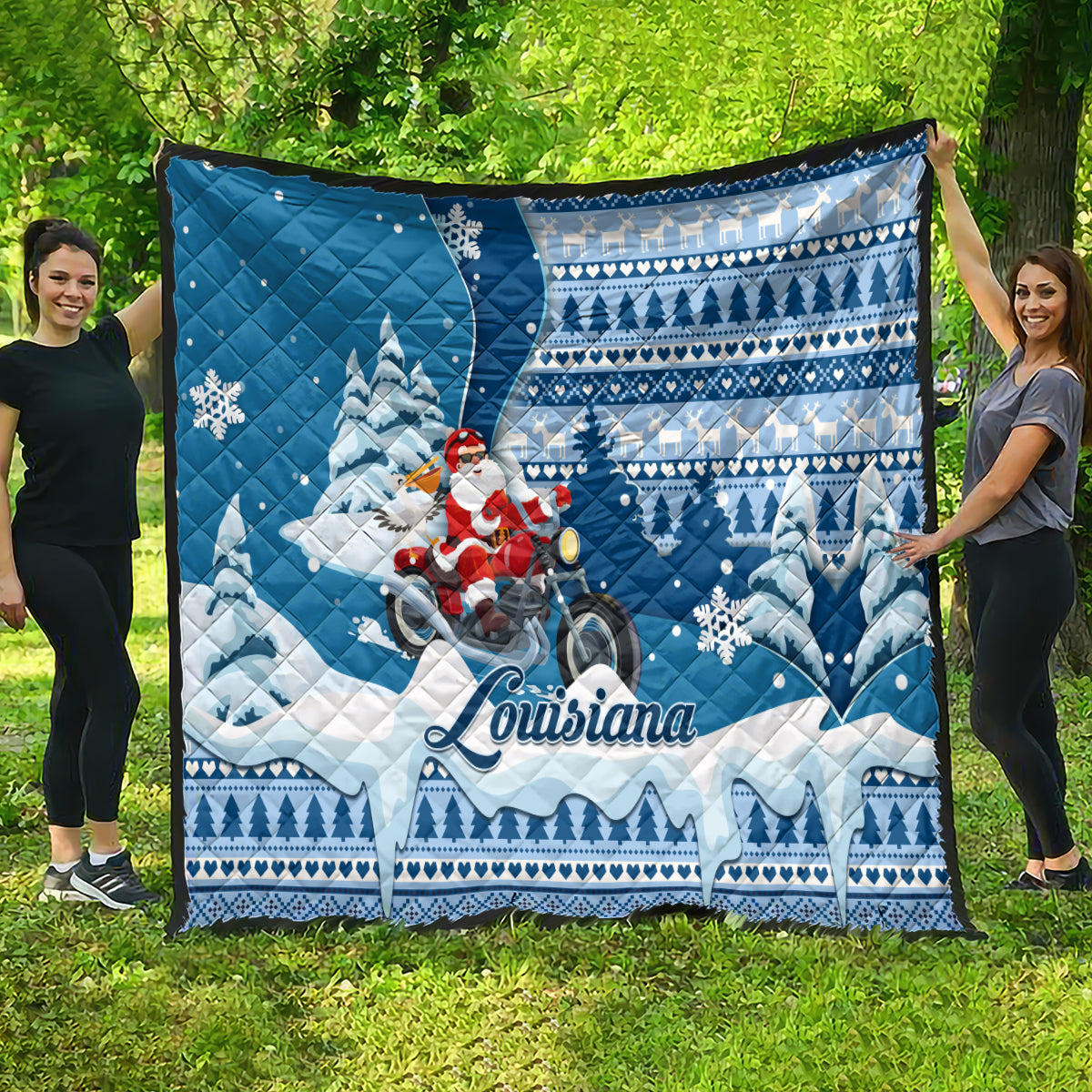 Custom Louisiana Christmas Quilt Santa Claus Riding Motorcycle With Pelican - Wonder Print Shop