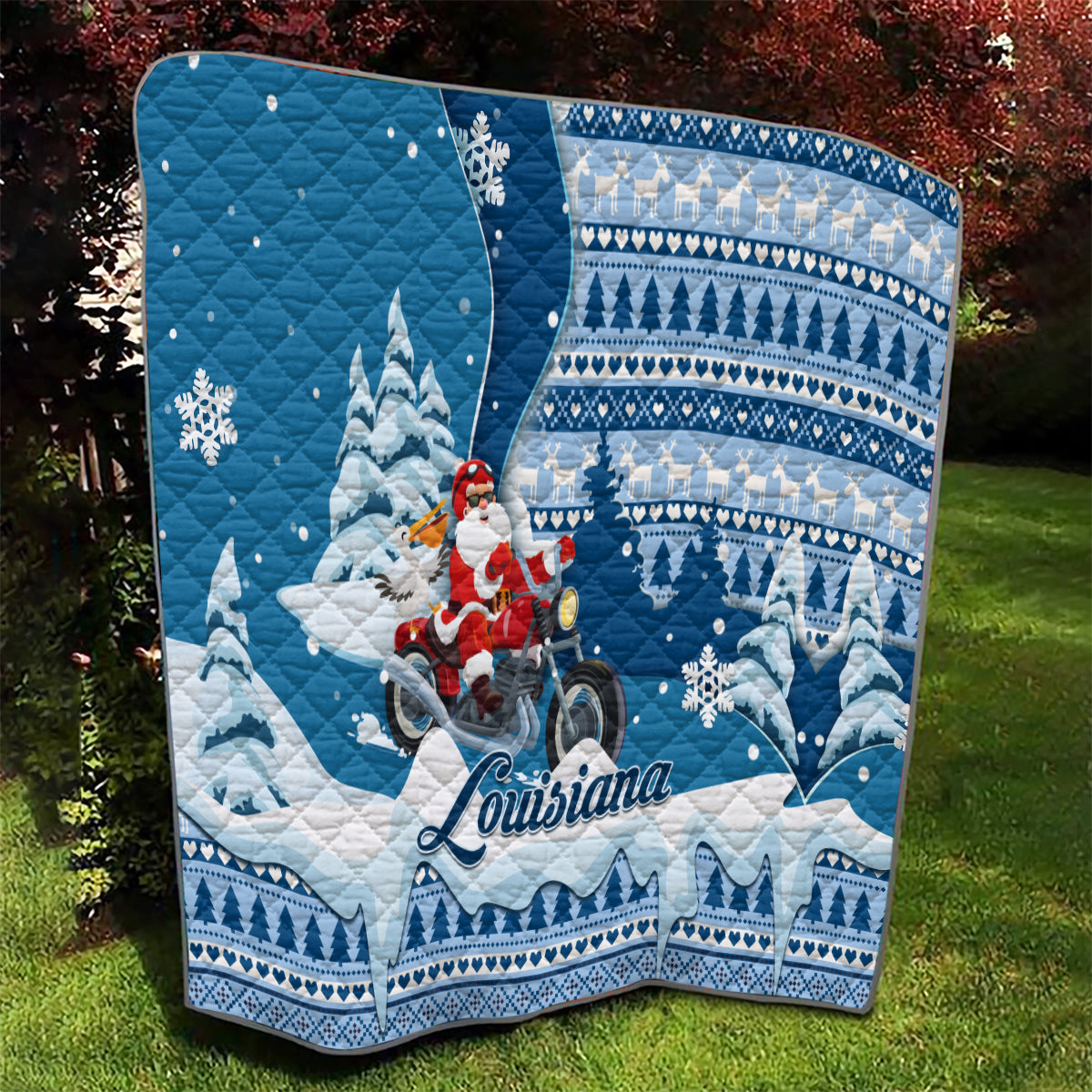 Custom Louisiana Christmas Quilt Santa Claus Riding Motorcycle With Pelican - Wonder Print Shop
