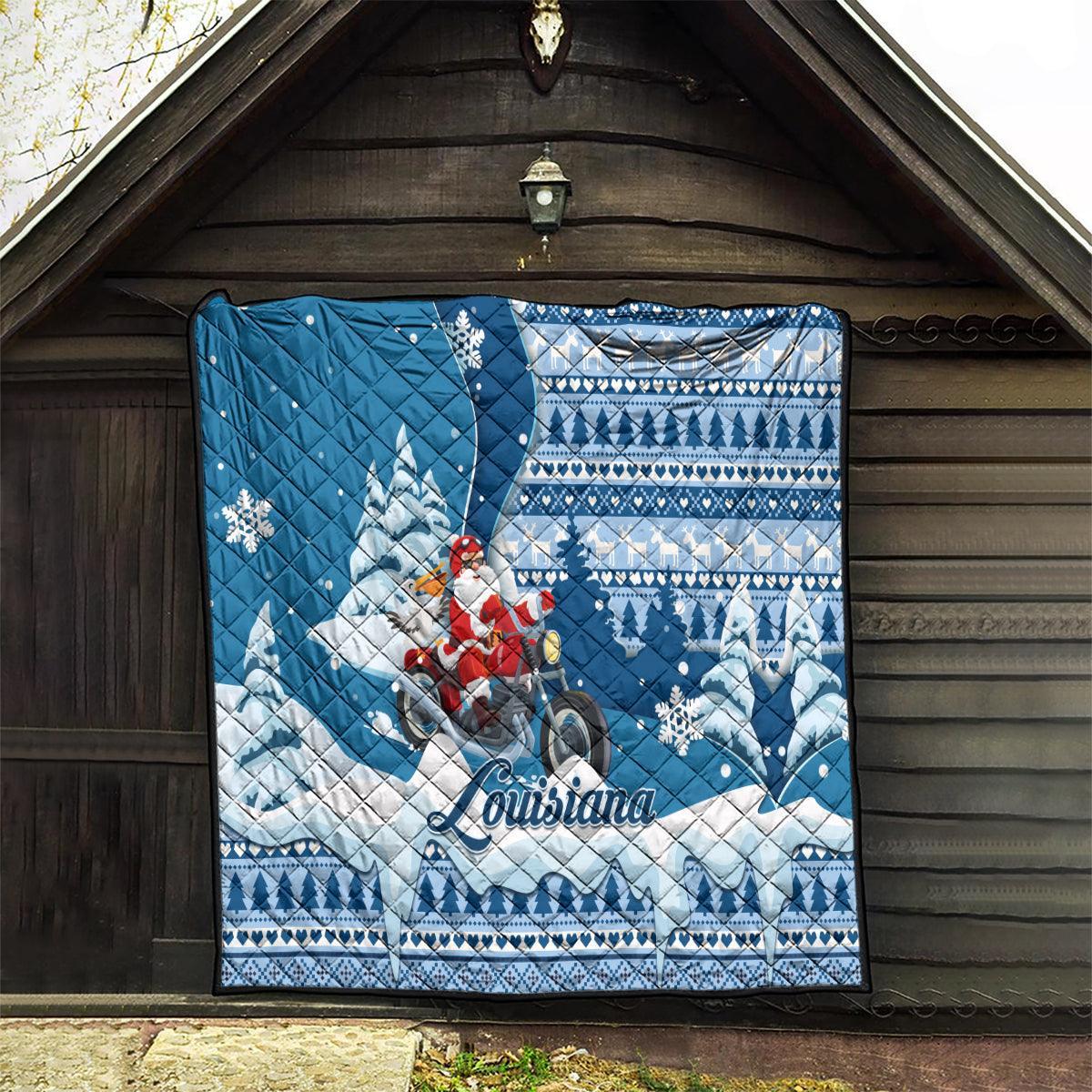 Custom Louisiana Christmas Quilt Santa Claus Riding Motorcycle With Pelican - Wonder Print Shop