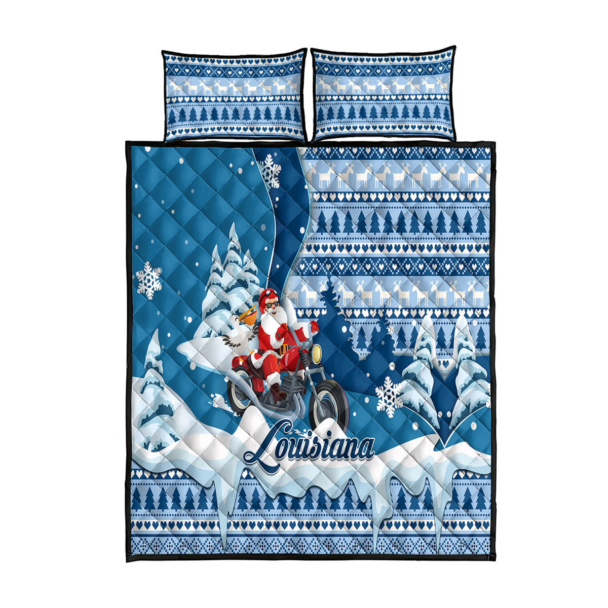 Custom Louisiana Christmas Quilt Bed Set Santa Claus Riding Motorcycle With Pelican - Wonder Print Shop