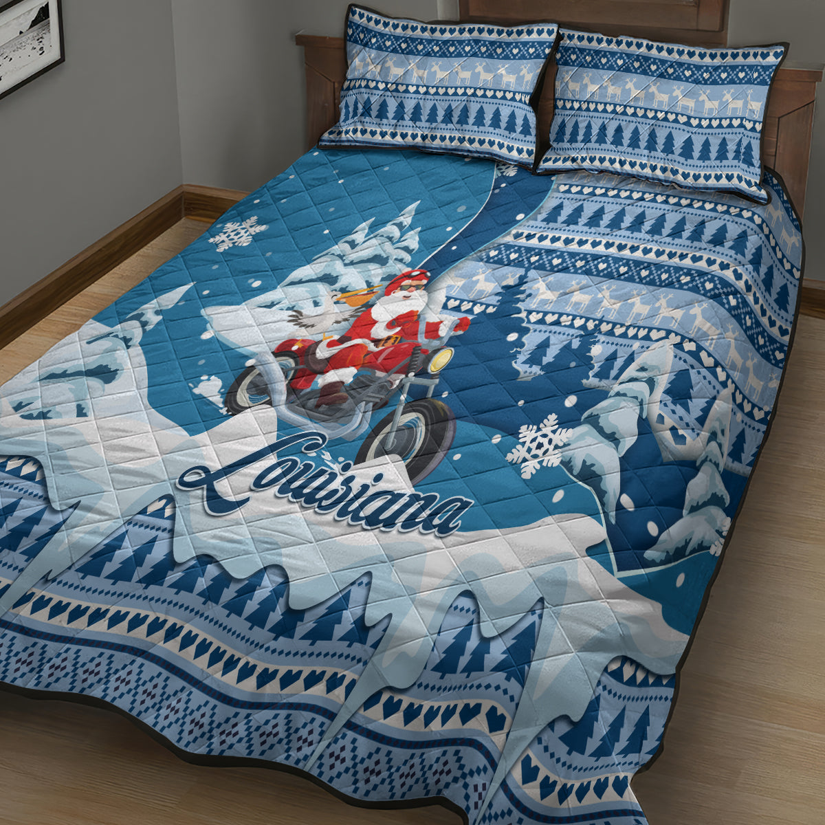 Custom Louisiana Christmas Quilt Bed Set Santa Claus Riding Motorcycle With Pelican - Wonder Print Shop