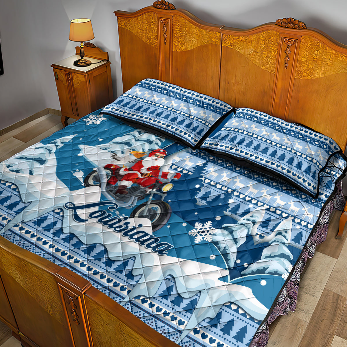 Custom Louisiana Christmas Quilt Bed Set Santa Claus Riding Motorcycle With Pelican - Wonder Print Shop