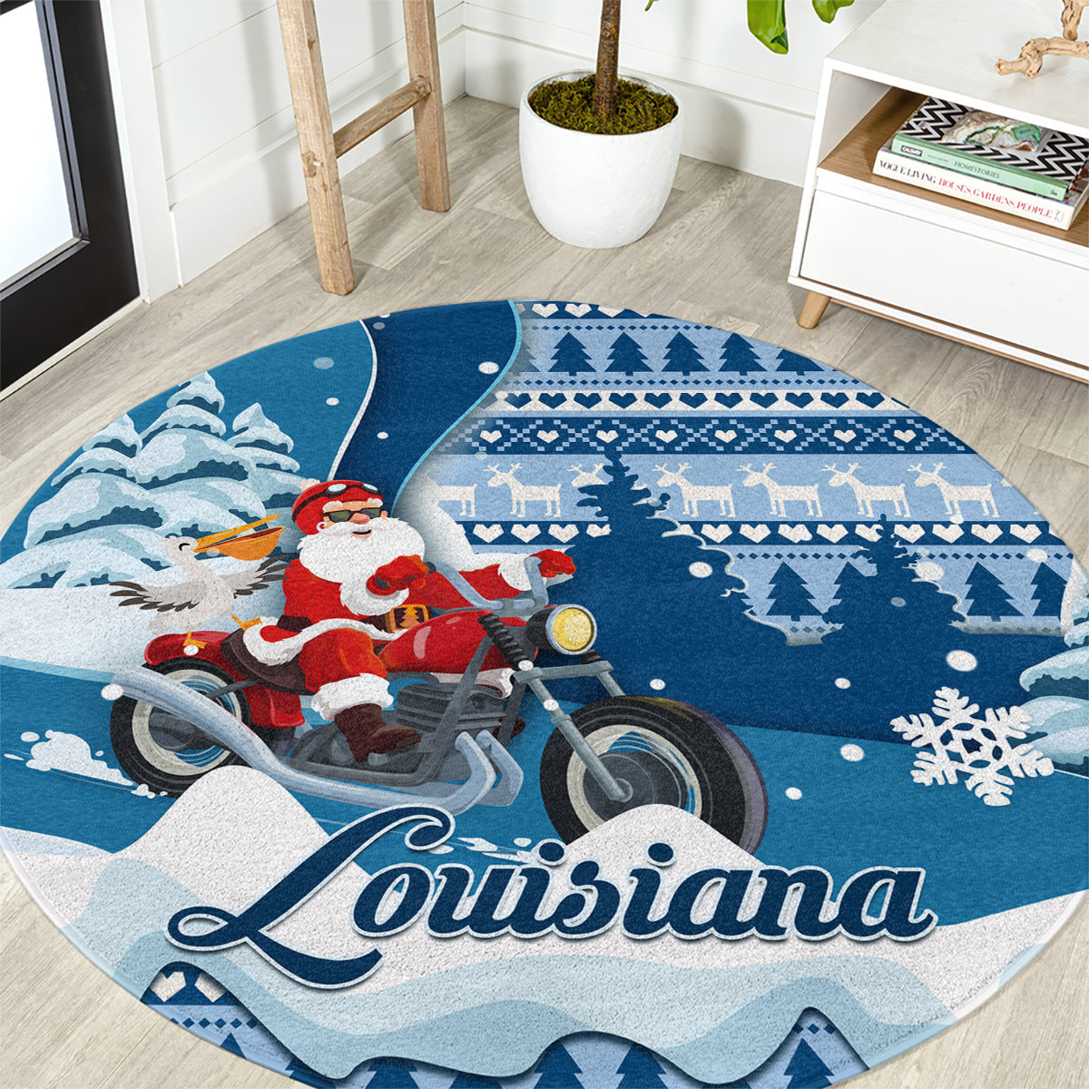 custom-louisiana-christmas-round-carpet-santa-claus-riding-motorcycle-with-pelican