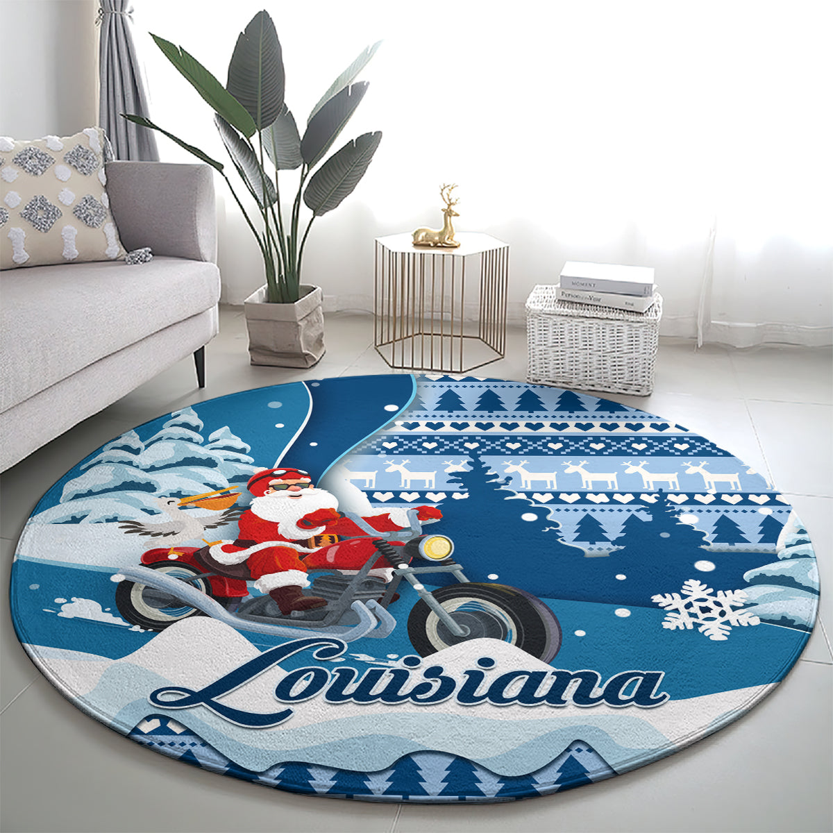 custom-louisiana-christmas-round-carpet-santa-claus-riding-motorcycle-with-pelican