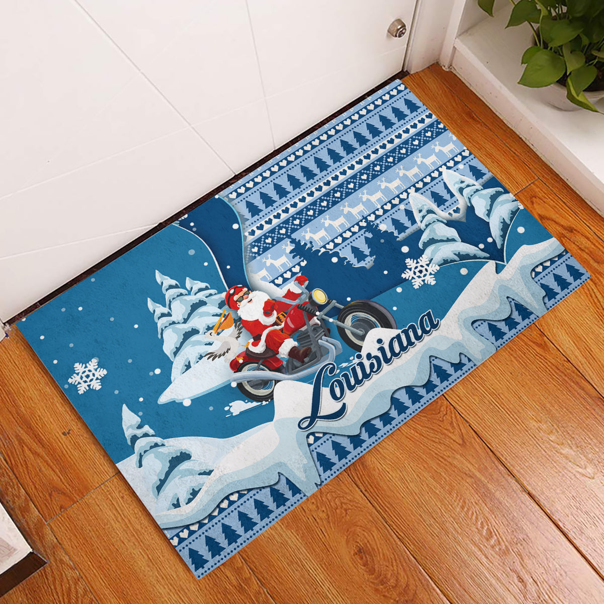 Custom Louisiana Christmas Rubber Doormat Santa Claus Riding Motorcycle With Pelican - Wonder Print Shop