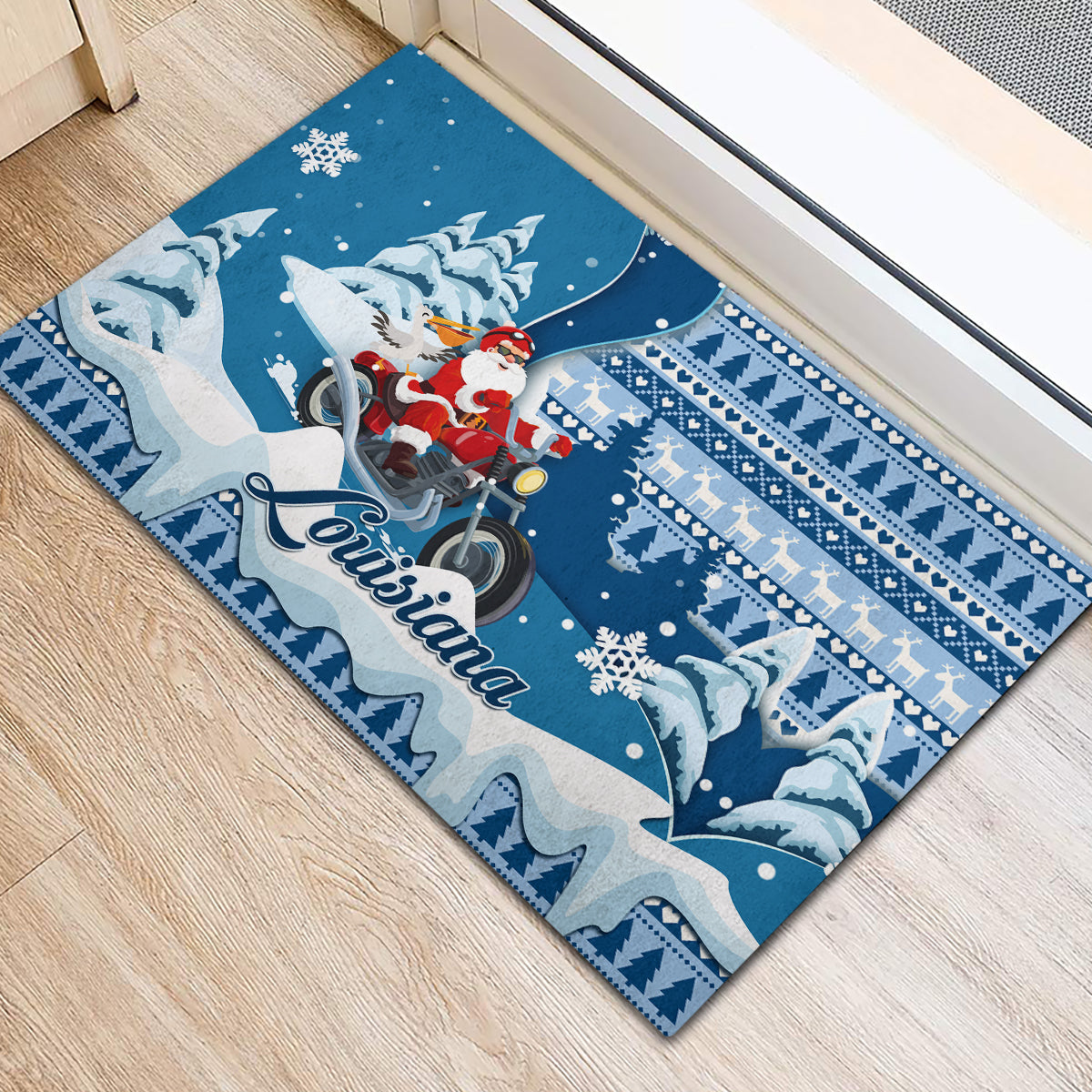 Custom Louisiana Christmas Rubber Doormat Santa Claus Riding Motorcycle With Pelican - Wonder Print Shop