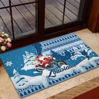 Custom Louisiana Christmas Rubber Doormat Santa Claus Riding Motorcycle With Pelican - Wonder Print Shop