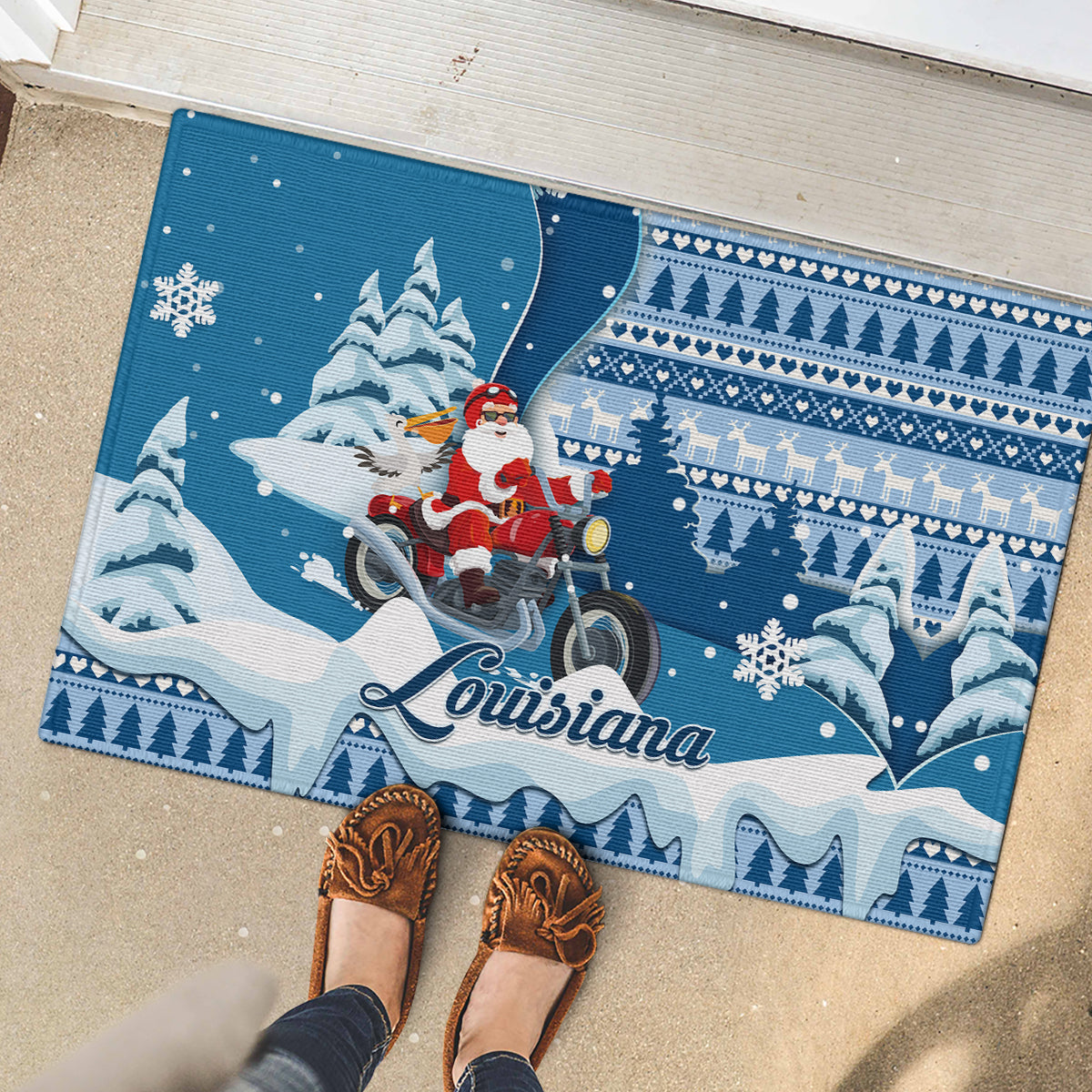 Custom Louisiana Christmas Rubber Doormat Santa Claus Riding Motorcycle With Pelican - Wonder Print Shop
