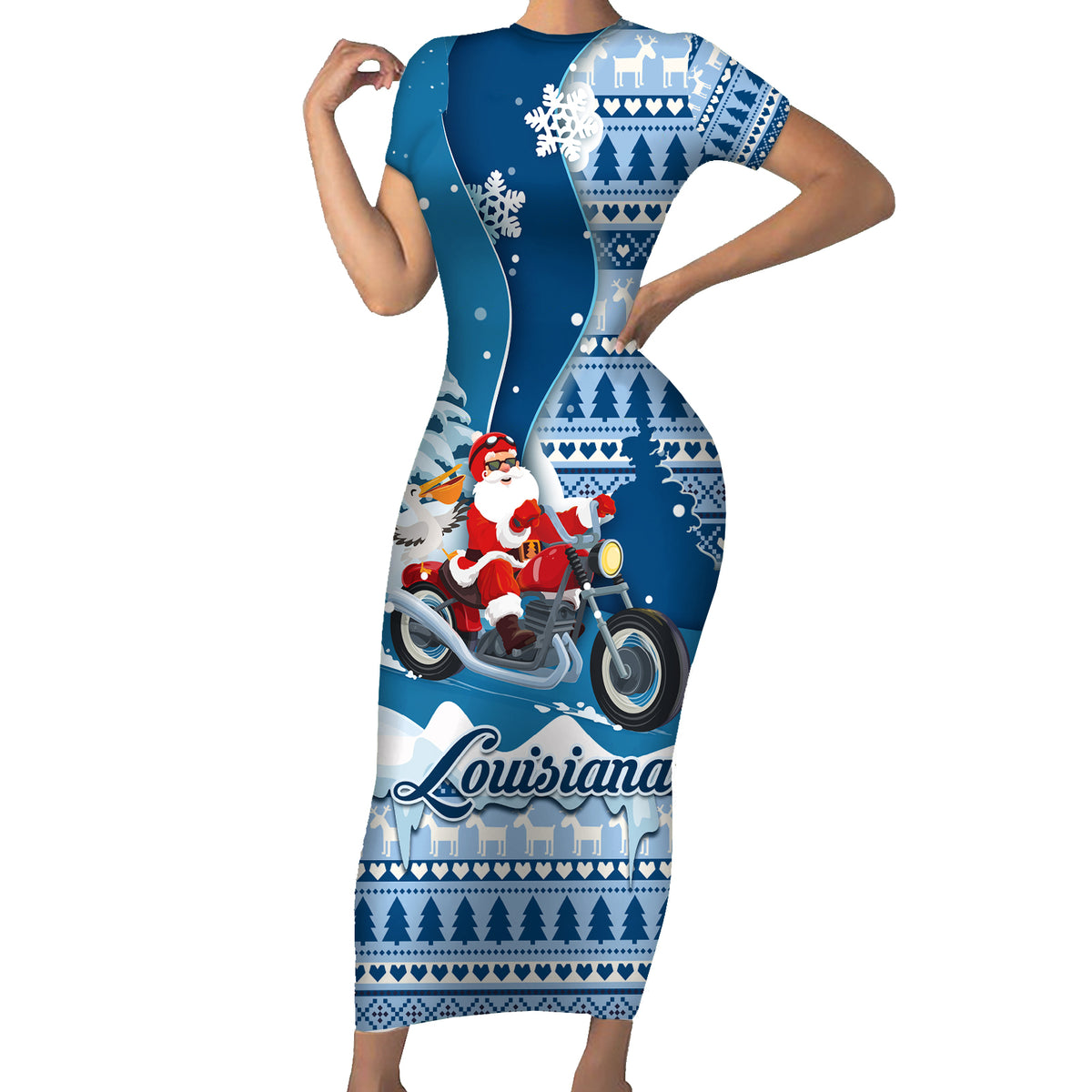 Custom Louisiana Christmas Short Sleeve Bodycon Dress Santa Claus Riding Motorcycle With Pelican - Wonder Print Shop