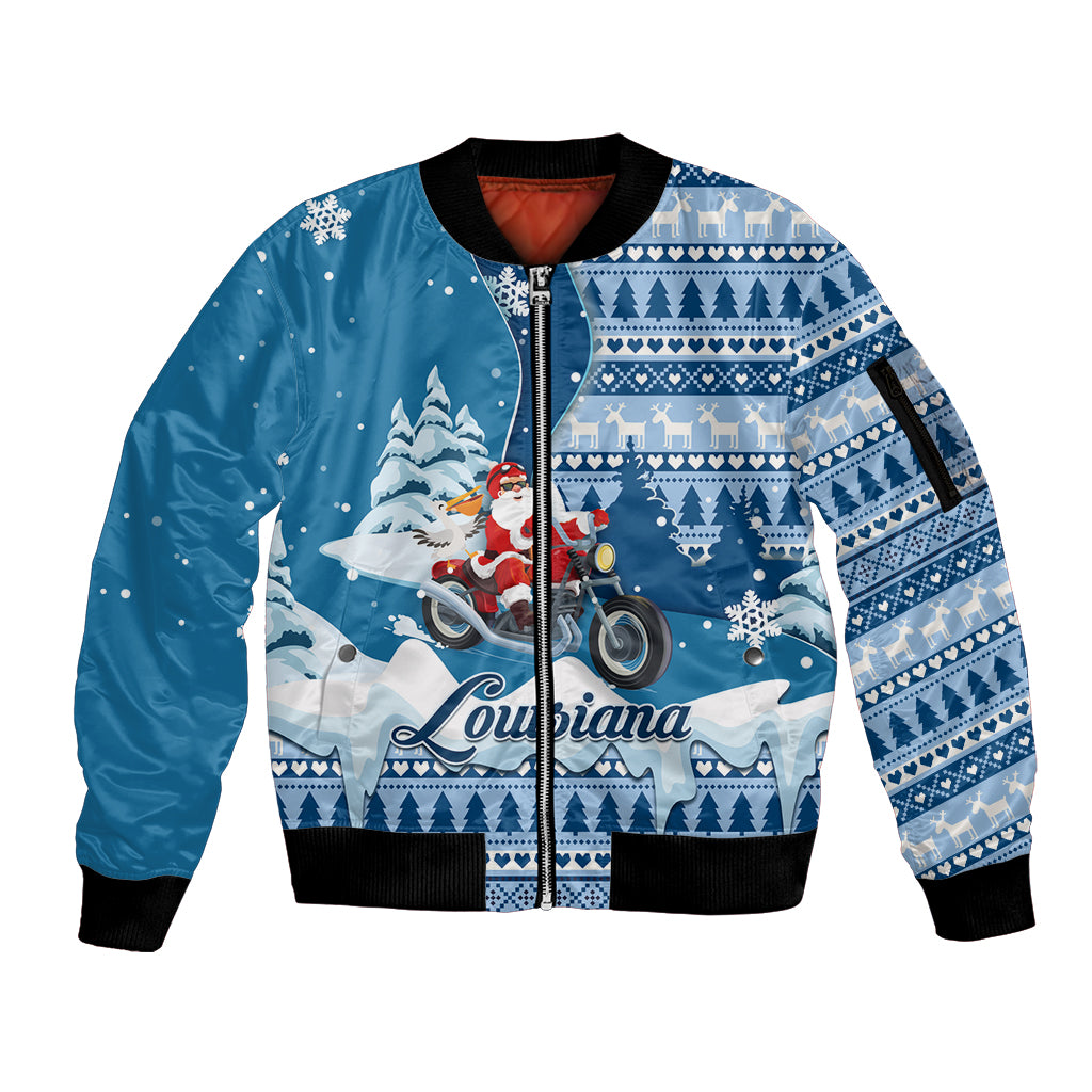 Custom Louisiana Christmas Sleeve Zip Bomber Jacket Santa Claus Riding Motorcycle With Pelican - Wonder Print Shop