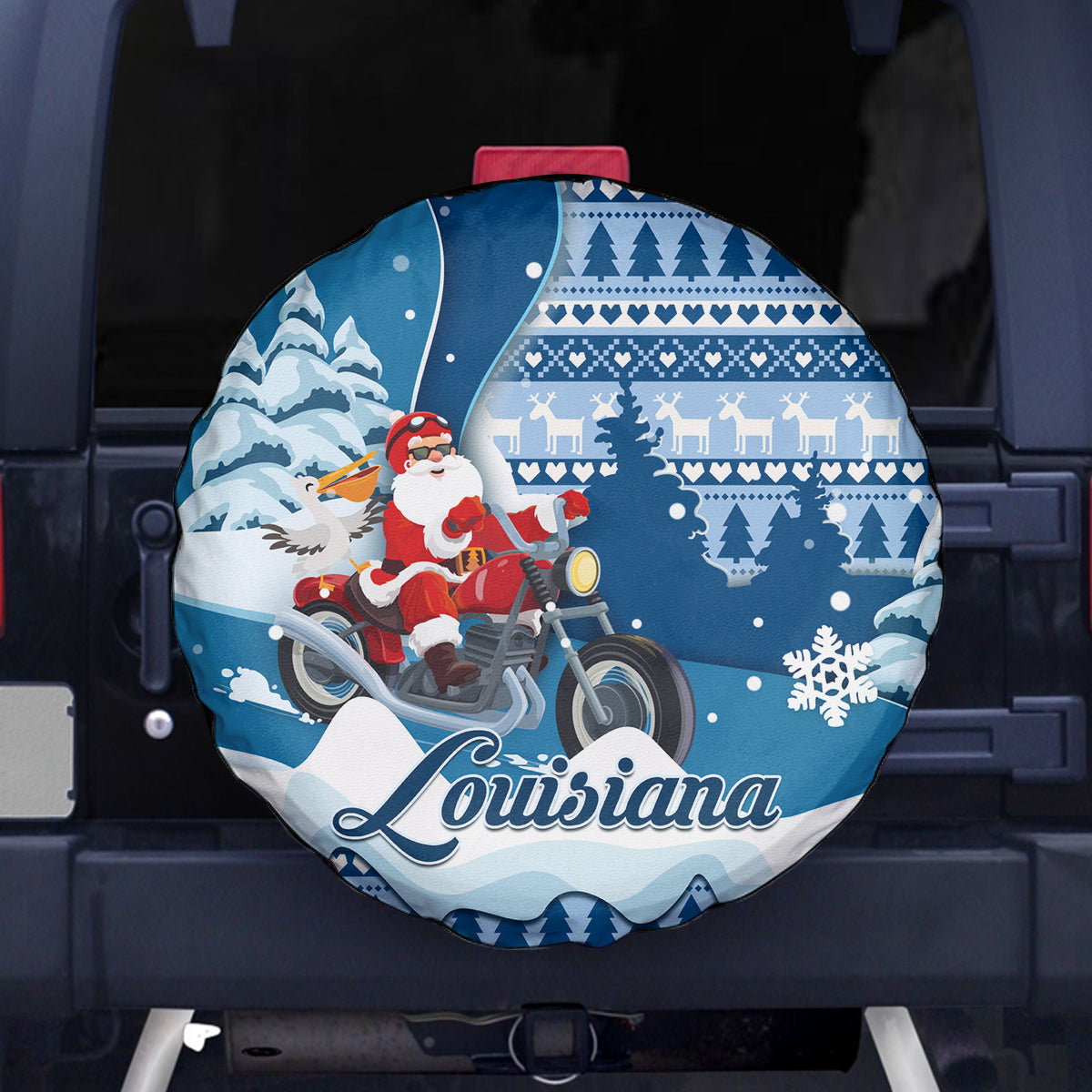 Custom Louisiana Christmas Spare Tire Cover Santa Claus Riding Motorcycle With Pelican - Wonder Print Shop