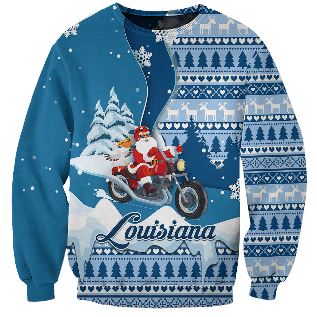 Custom Louisiana Christmas Sweatshirt Santa Claus Riding Motorcycle With Pelican - Wonder Print Shop