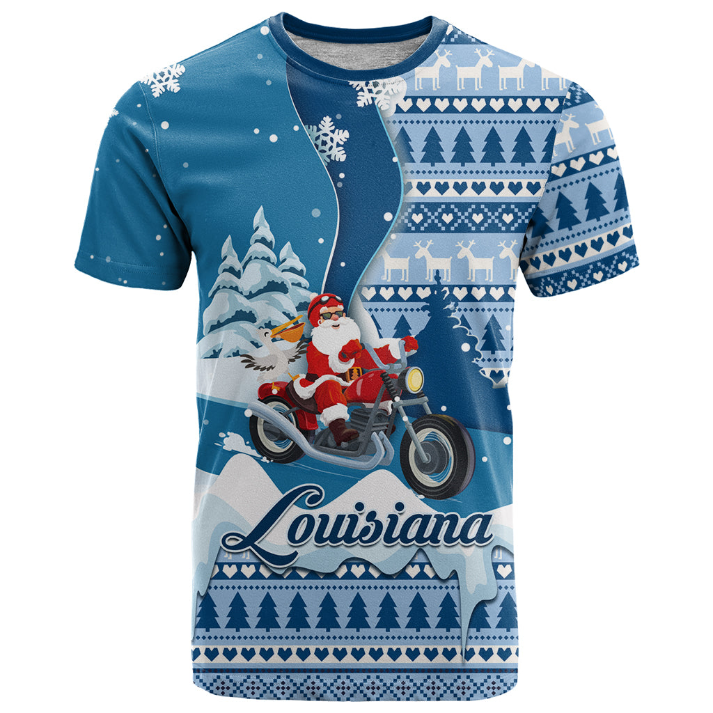 Custom Louisiana Christmas T Shirt Santa Claus Riding Motorcycle With Pelican - Wonder Print Shop