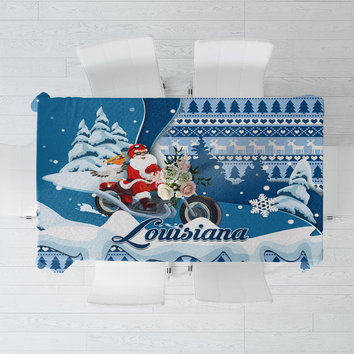 Custom Louisiana Christmas Tablecloth Santa Claus Riding Motorcycle With Pelican - Wonder Print Shop