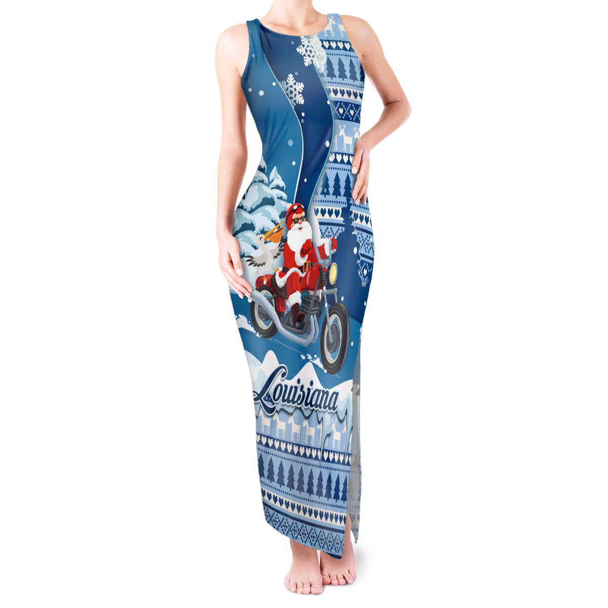 Custom Louisiana Christmas Tank Maxi Dress Santa Claus Riding Motorcycle With Pelican - Wonder Print Shop