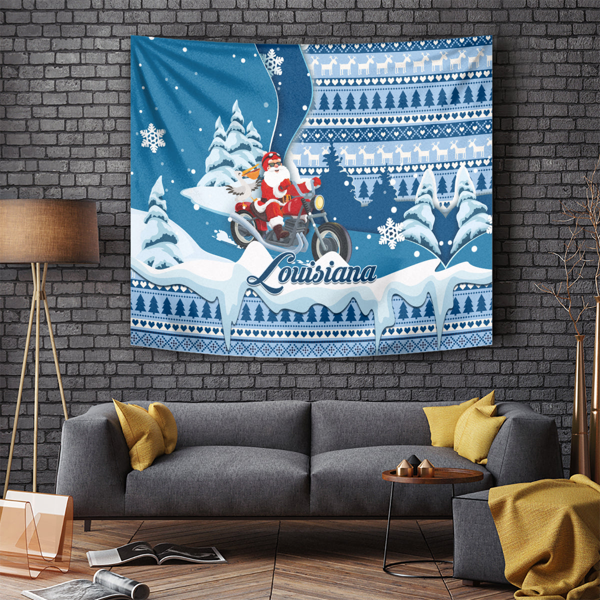 Custom Louisiana Christmas Tapestry Santa Claus Riding Motorcycle With Pelican - Wonder Print Shop