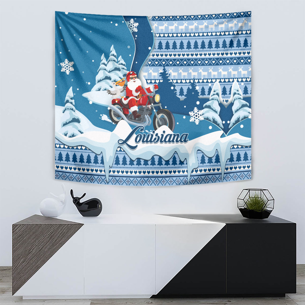 Custom Louisiana Christmas Tapestry Santa Claus Riding Motorcycle With Pelican - Wonder Print Shop