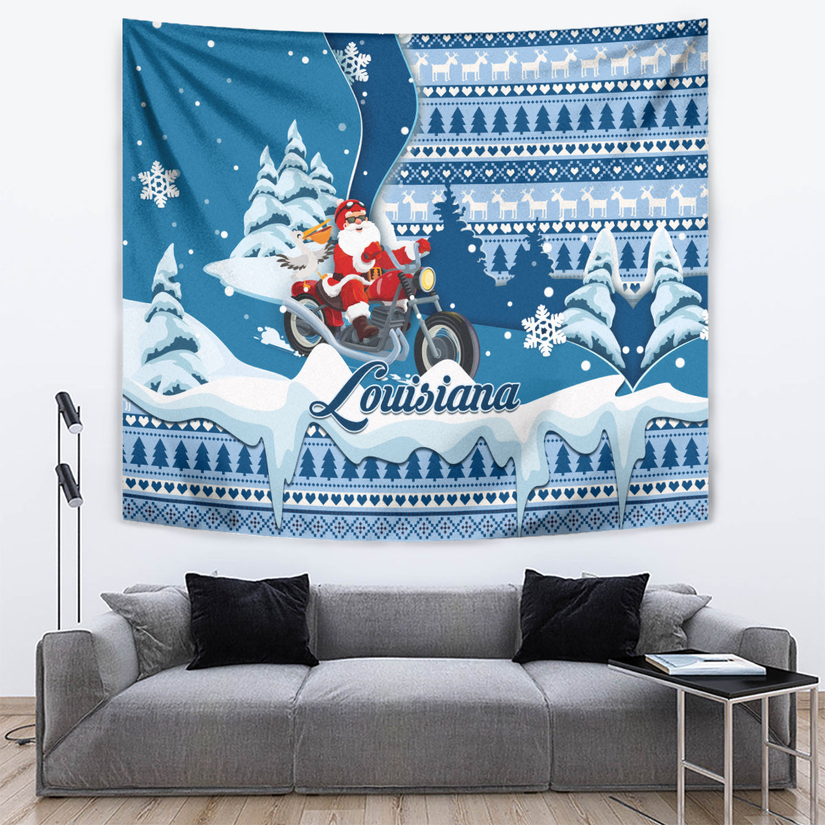 Custom Louisiana Christmas Tapestry Santa Claus Riding Motorcycle With Pelican - Wonder Print Shop