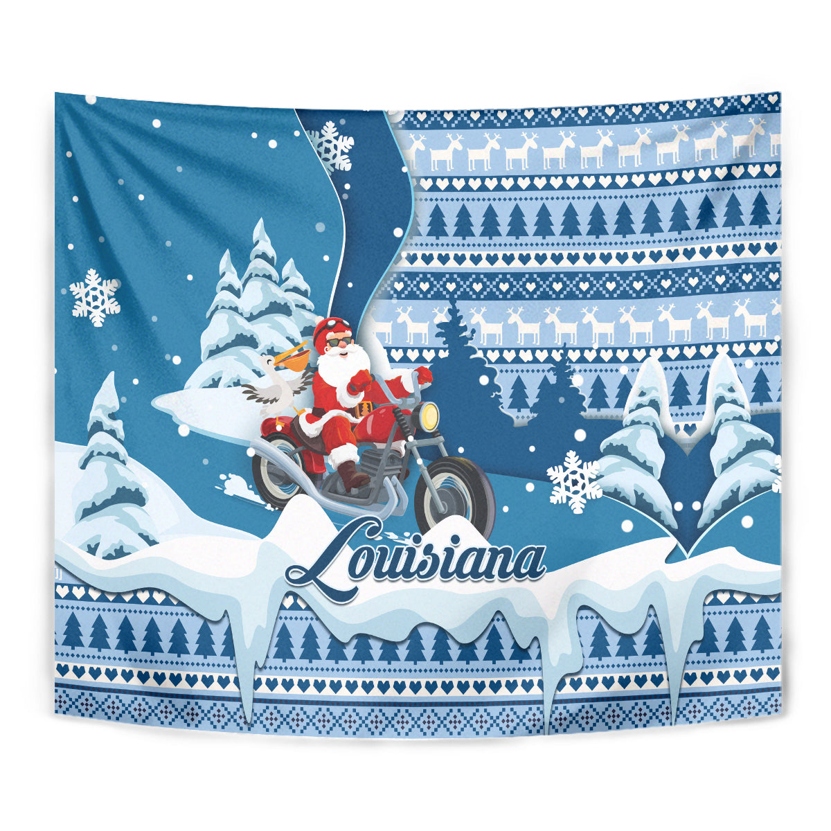 Custom Louisiana Christmas Tapestry Santa Claus Riding Motorcycle With Pelican - Wonder Print Shop