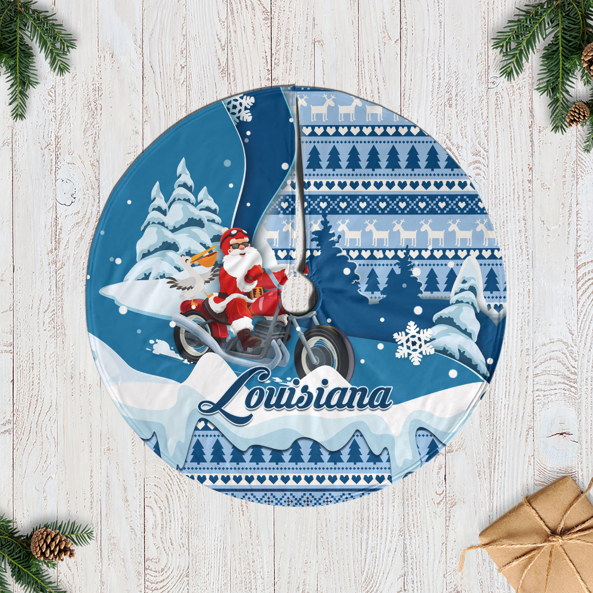 Louisiana Christmas Tree Skirt Santa Claus Riding Motorcycle With Pelican - Wonder Print Shop