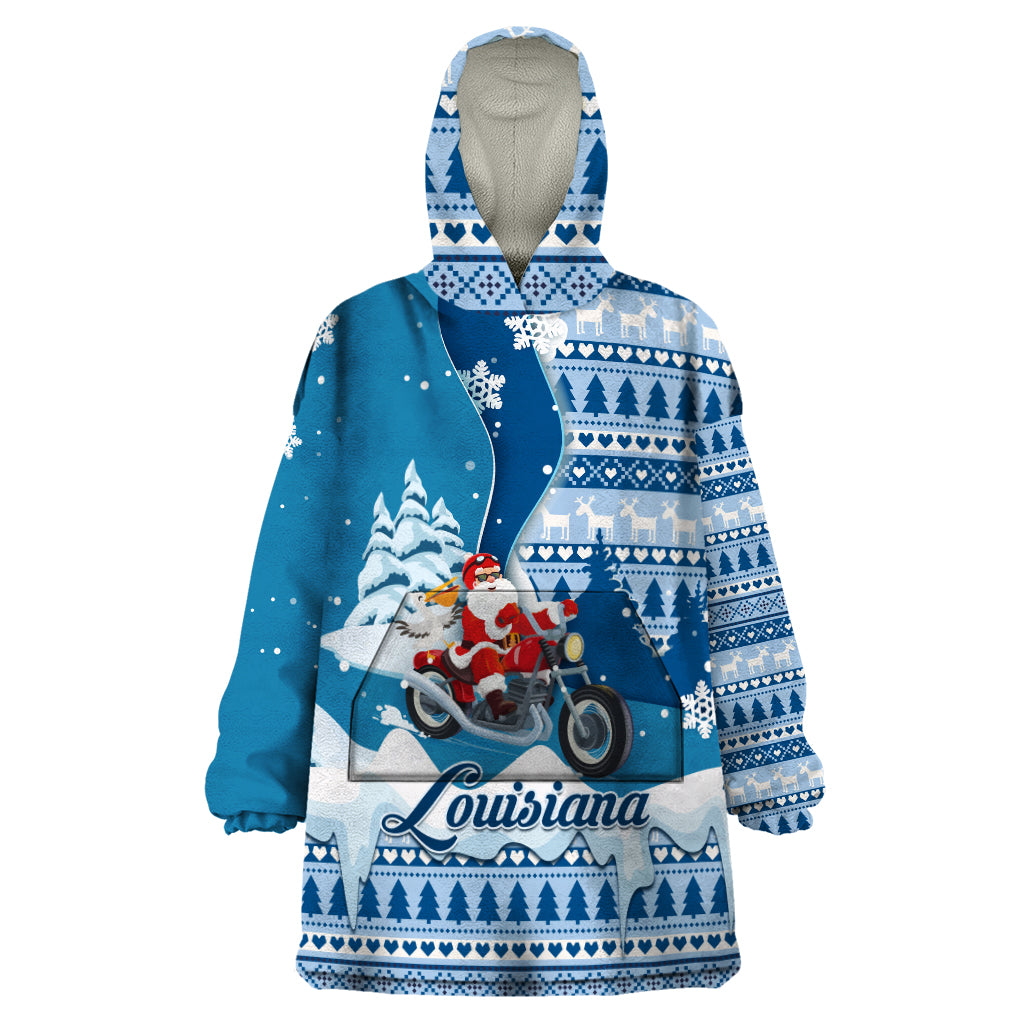 Custom Louisiana Christmas Wearable Blanket Hoodie Santa Claus Riding Motorcycle With Pelican - Wonder Print Shop