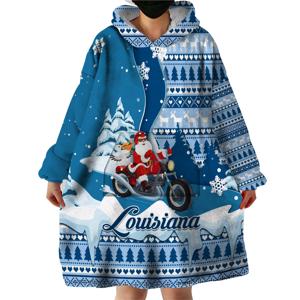 Custom Louisiana Christmas Wearable Blanket Hoodie Santa Claus Riding Motorcycle With Pelican - Wonder Print Shop
