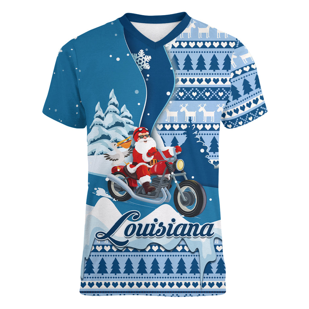 Custom Louisiana Christmas Women V Neck T Shirt Santa Claus Riding Motorcycle With Pelican - Wonder Print Shop