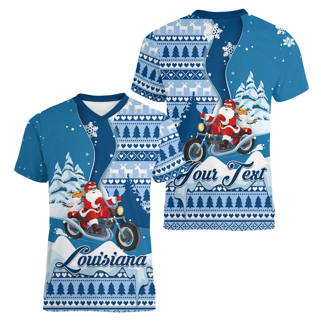 Custom Louisiana Christmas Women V Neck T Shirt Santa Claus Riding Motorcycle With Pelican - Wonder Print Shop