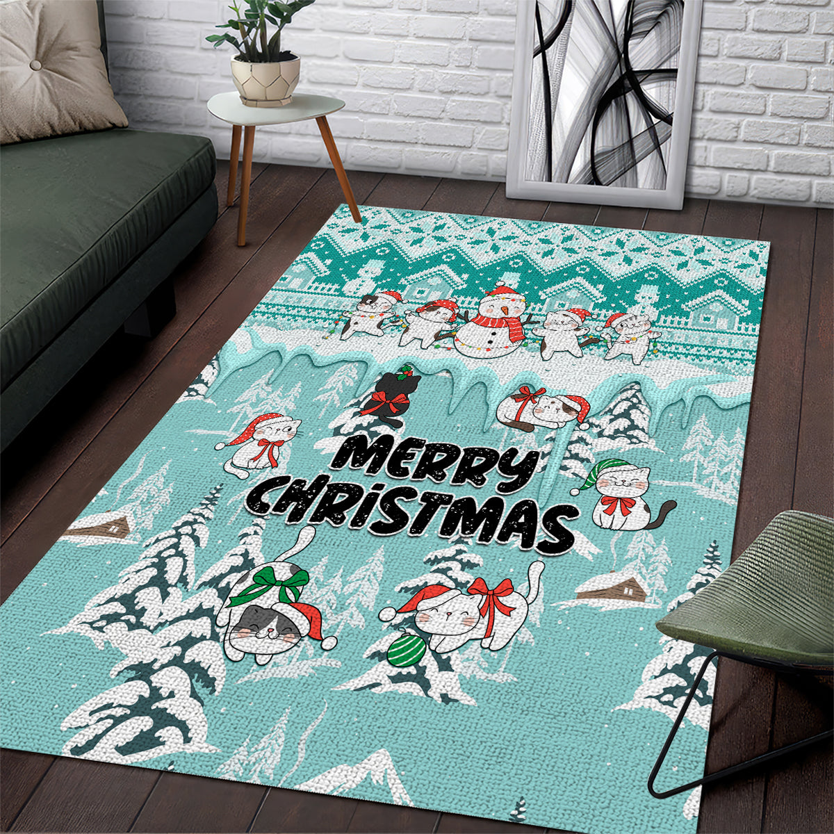 Custom Cat Christmas Area Rug Cat With Snowman In Winter Scene - Wonder Print Shop