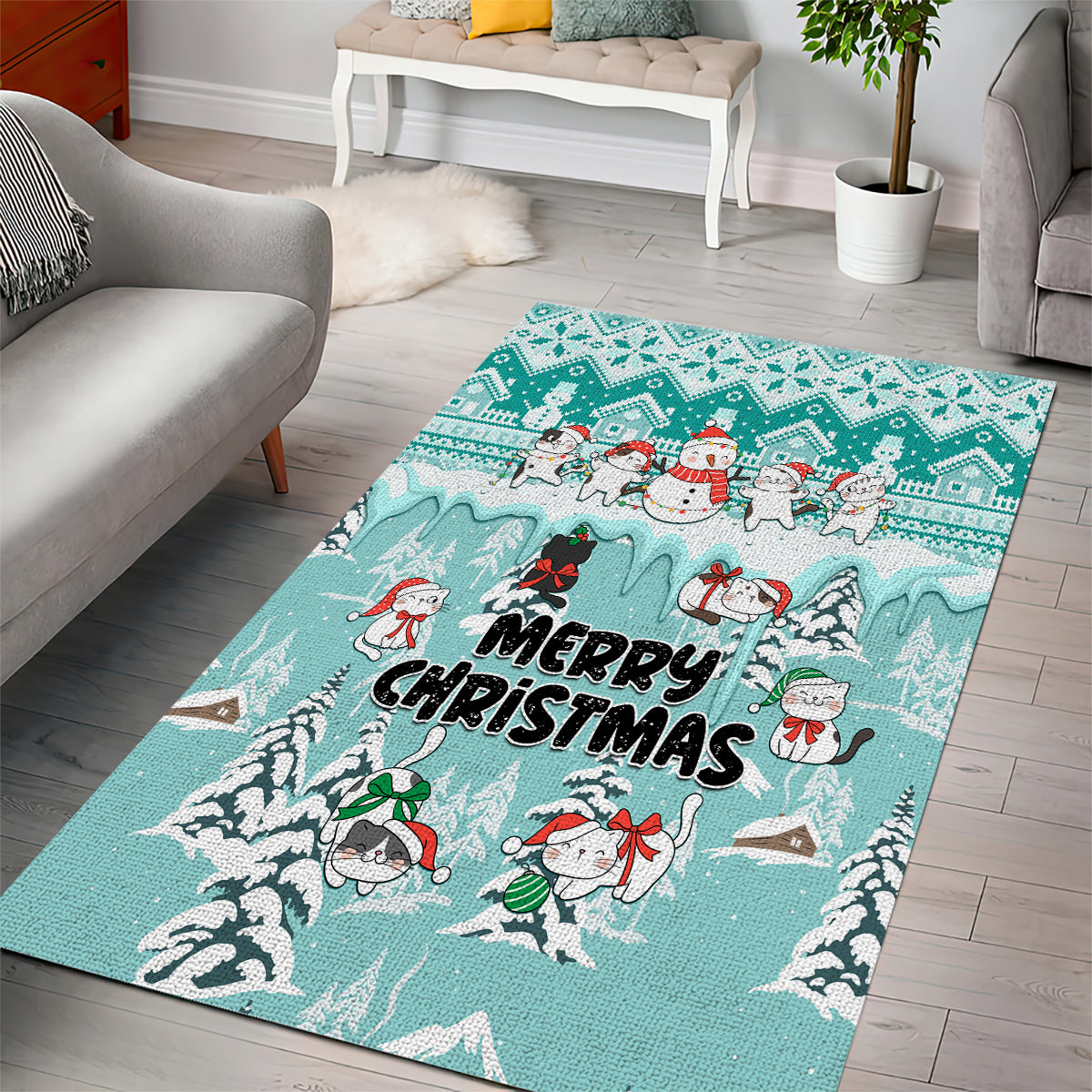 Custom Cat Christmas Area Rug Cat With Snowman In Winter Scene - Wonder Print Shop