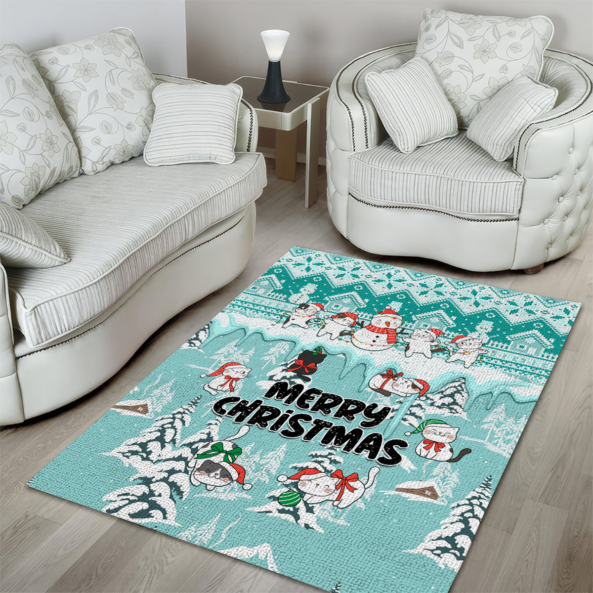 Custom Cat Christmas Area Rug Cat With Snowman In Winter Scene - Wonder Print Shop