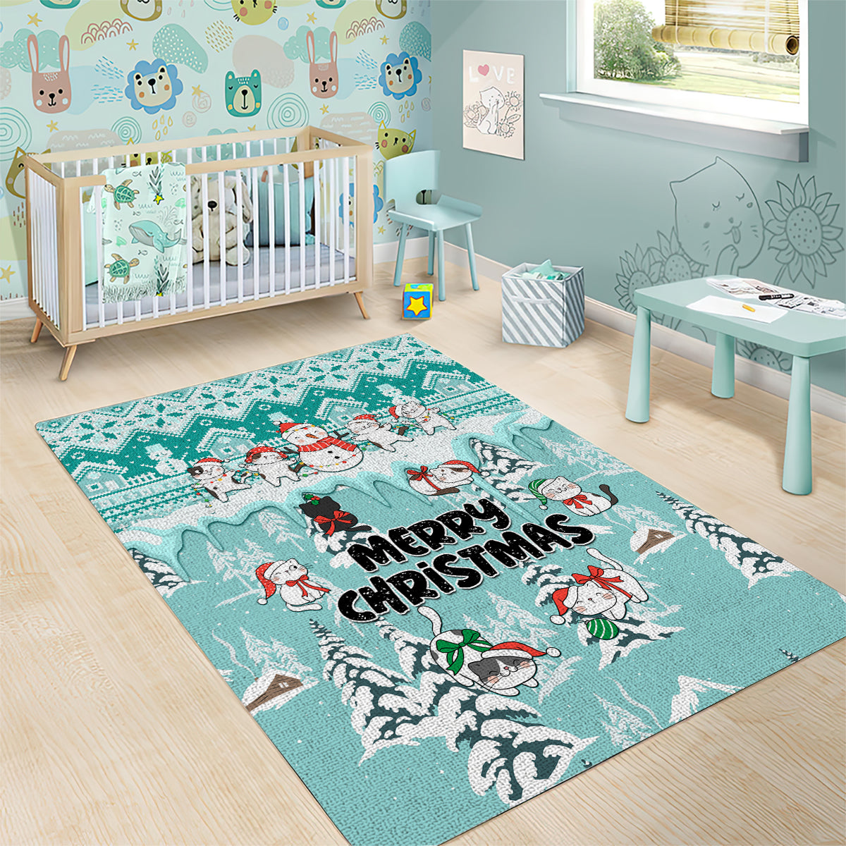 Custom Cat Christmas Area Rug Cat With Snowman In Winter Scene - Wonder Print Shop