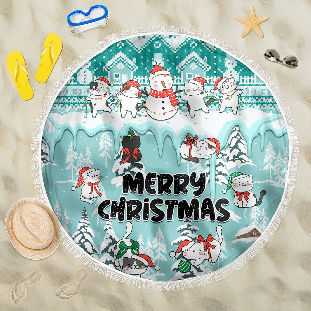 Custom Cat Christmas Beach Blanket Cat With Snowman In Winter Scene - Wonder Print Shop