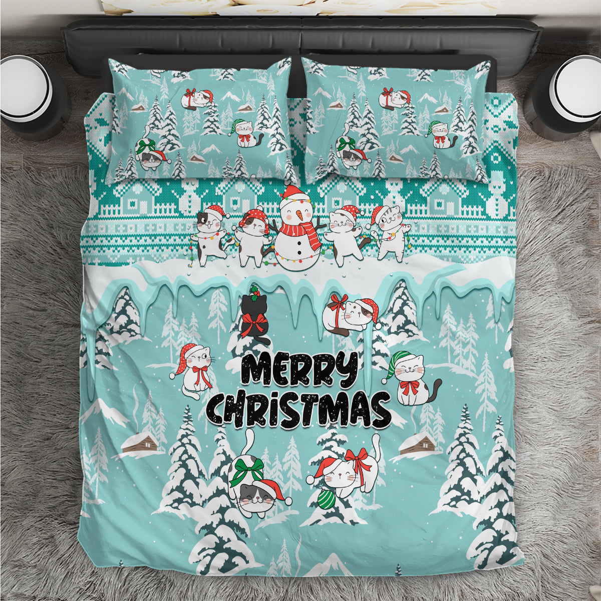 Custom Cat Christmas Bedding Set Cat With Snowman In Winter Scene - Wonder Print Shop