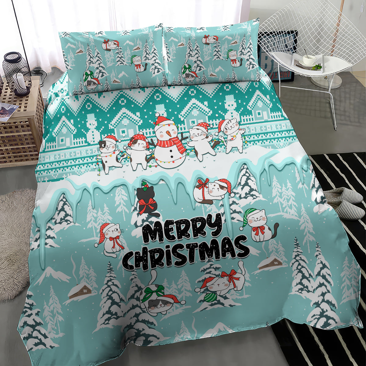 Custom Cat Christmas Bedding Set Cat With Snowman In Winter Scene - Wonder Print Shop