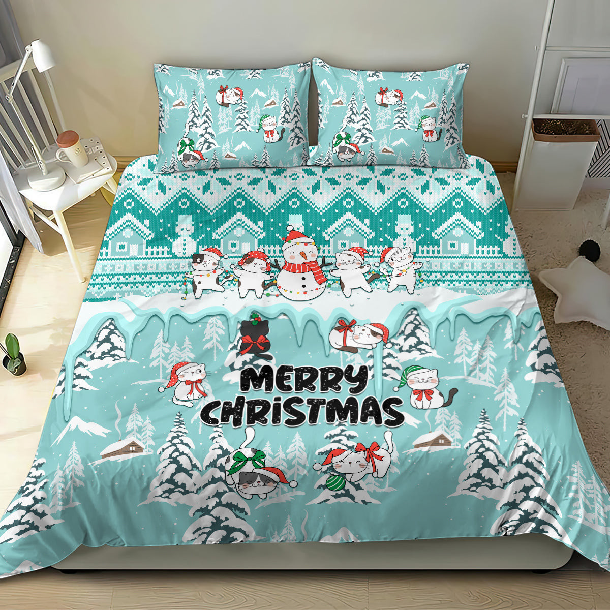 Custom Cat Christmas Bedding Set Cat With Snowman In Winter Scene - Wonder Print Shop
