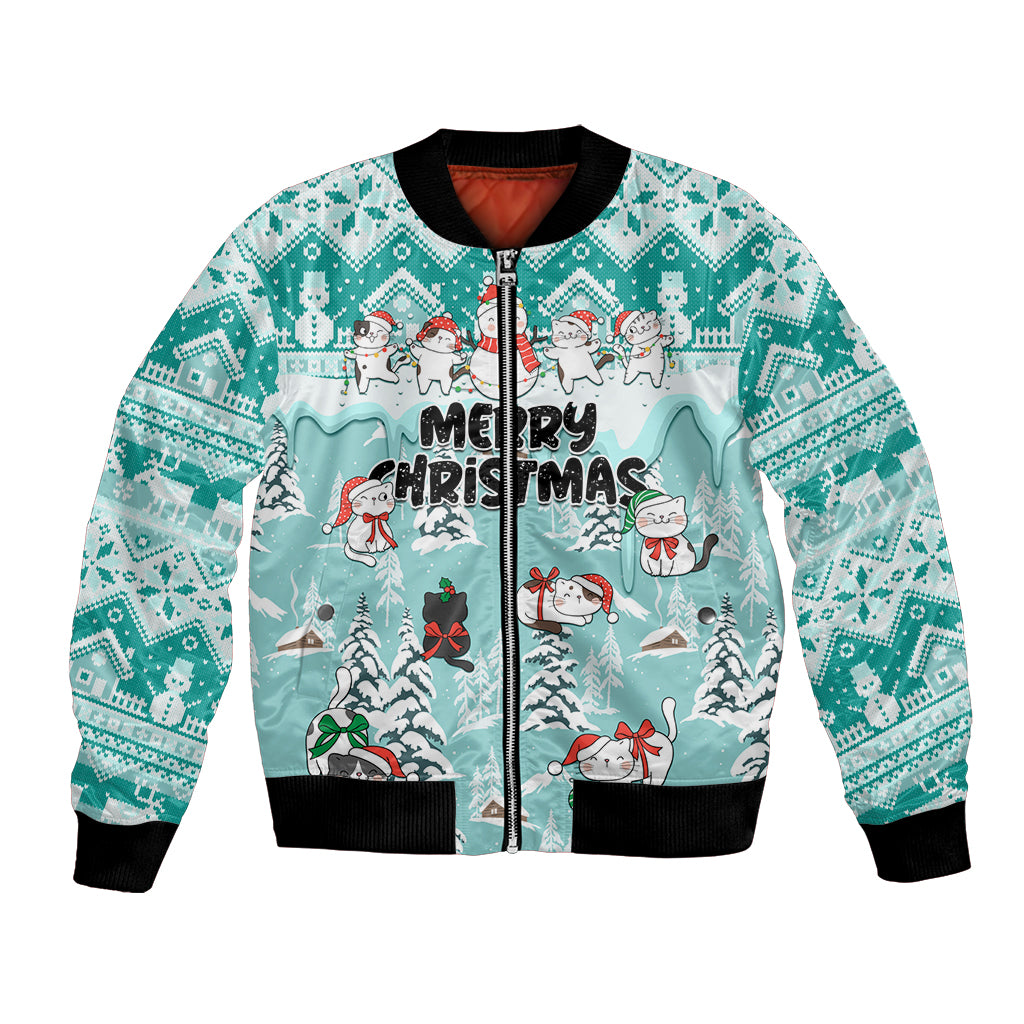 Custom Cat Christmas Bomber Jacket Cat With Snowman In Winter Scene - Wonder Print Shop