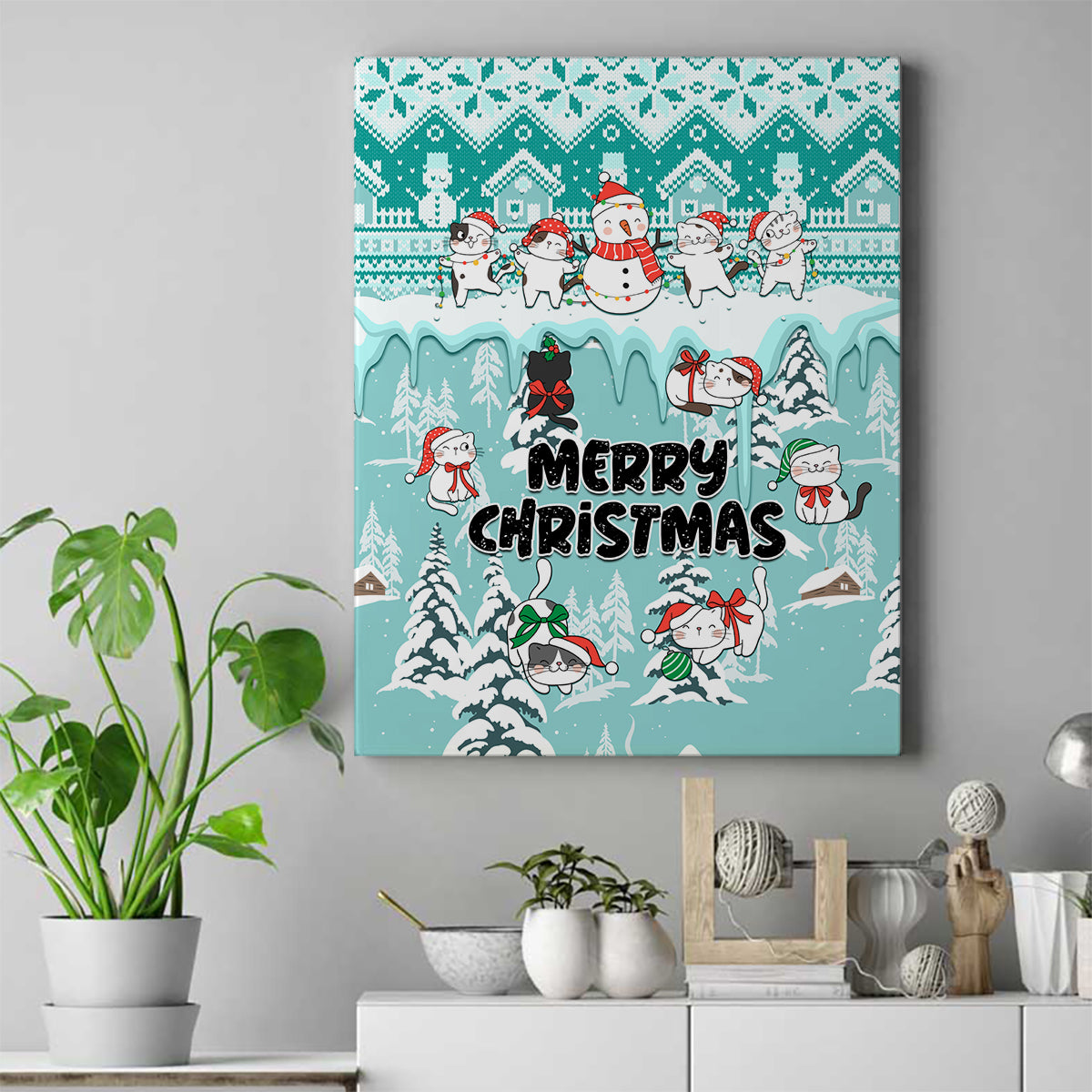 Custom Cat Christmas Canvas Wall Art Cat With Snowman In Winter Scene - Wonder Print Shop