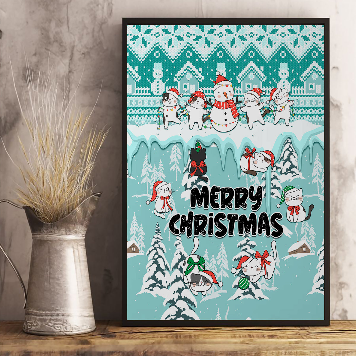 Custom Cat Christmas Canvas Wall Art Cat With Snowman In Winter Scene - Wonder Print Shop